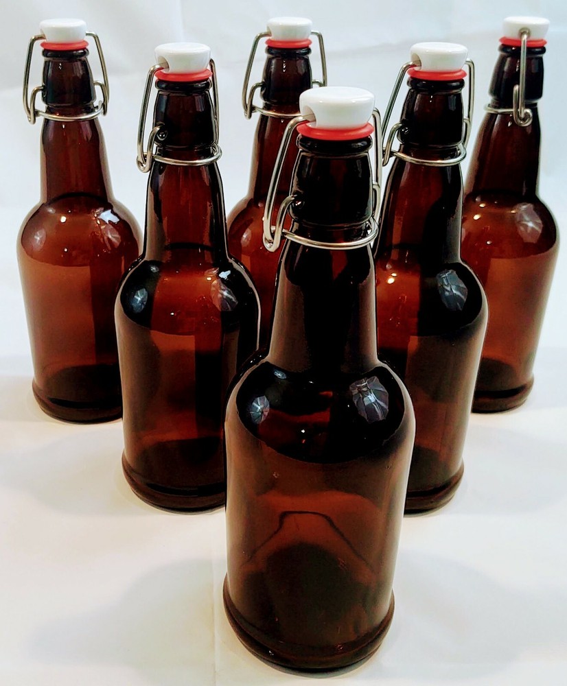 16oz Glass Flip-Top Bottles, 6pk Amber, Kombucha, Beer Brewing Bottles Swing Top