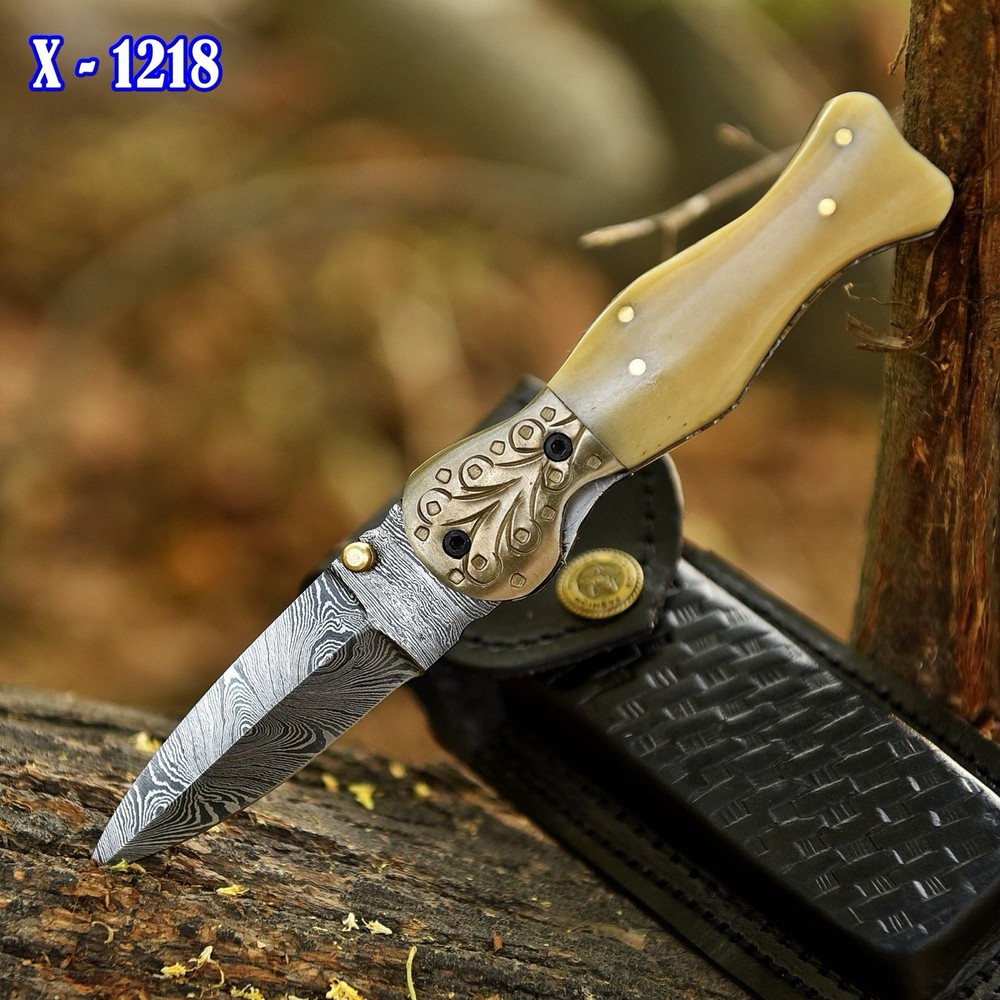 Handmade Damascus Folding Dagger Blade Pocket Knife Camel Bone - Double Edge
