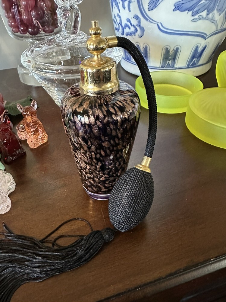 Blown Murano Inspired Ebony & Aventurine Perfume Atomizer Look