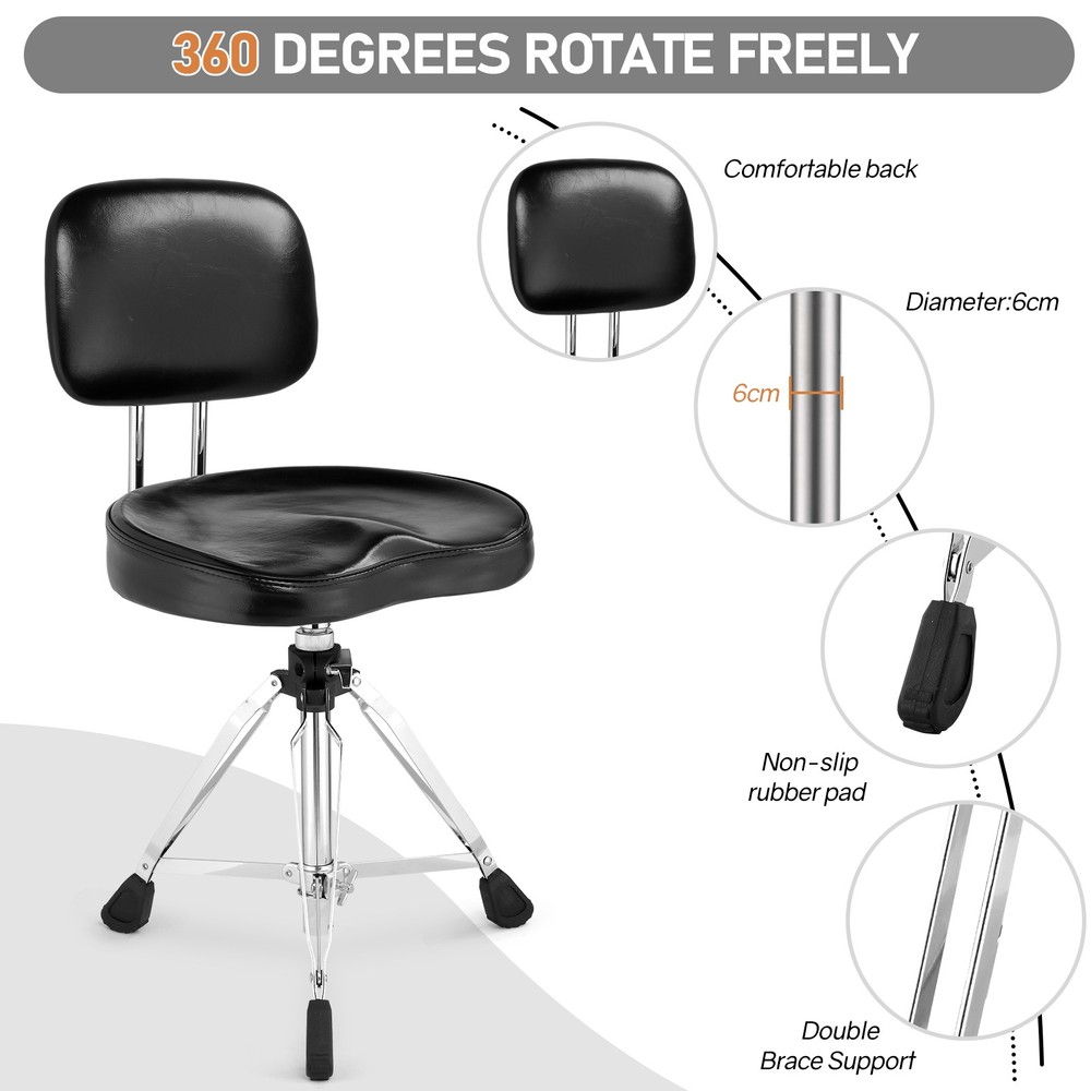 Drum Throne with Backrest, Drum Stool Adjustable Height With 5A Drumstick