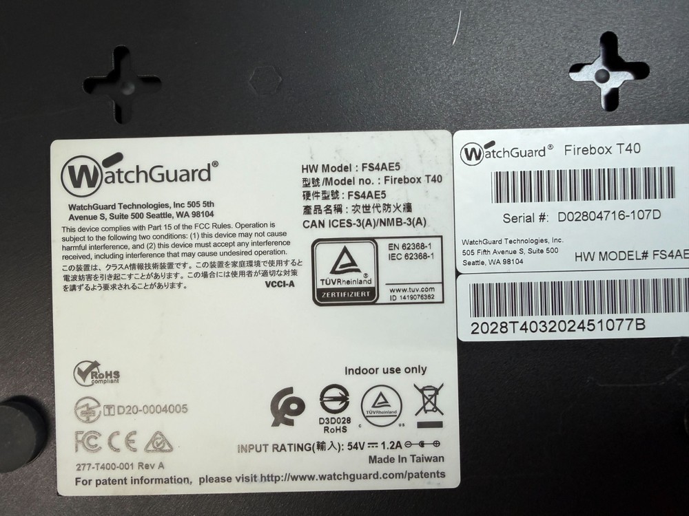 WatchGuard FireBox T40 FS4AE5 Network Security/Firewall Appliance NO AC