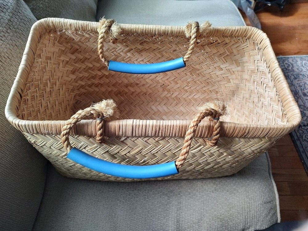 18" x 9" x 11" rectangular wicker basket w/ blue plastic handles