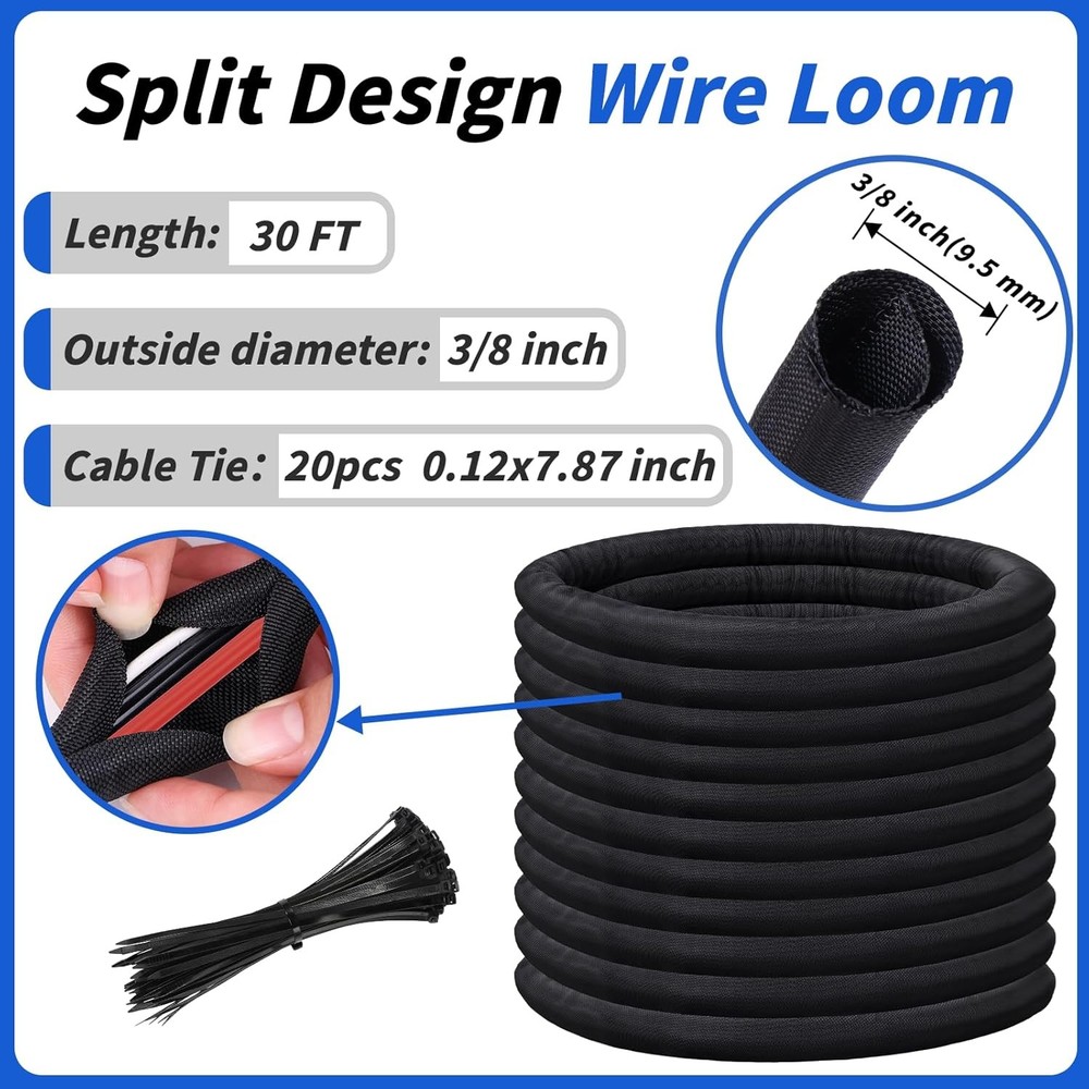 30FT Split Braided Sleeve Cable Management Car TV Electrical Cable Protection