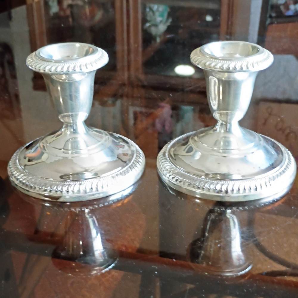 Beaded Edge Silverplate Candlestick Holders Pair Decorative Design