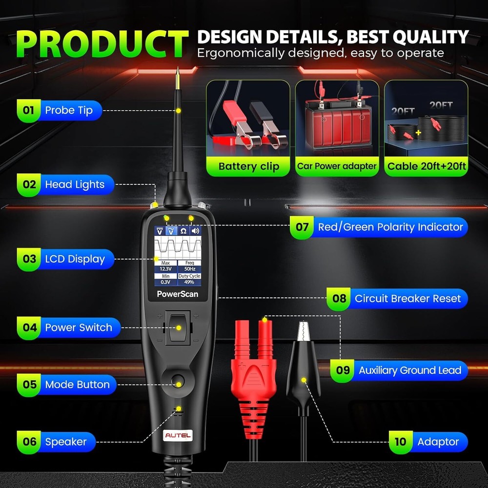 Autel PS100 PowerScan Circuit Tester Electrical Power Probe Tool 12V/24V Black