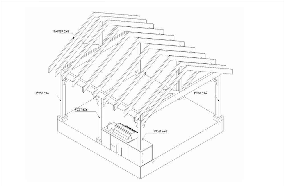 15’x16’ Cedar Canopy DIY Plans – Post Layout, Elevations, 3D Views, Roof Framing