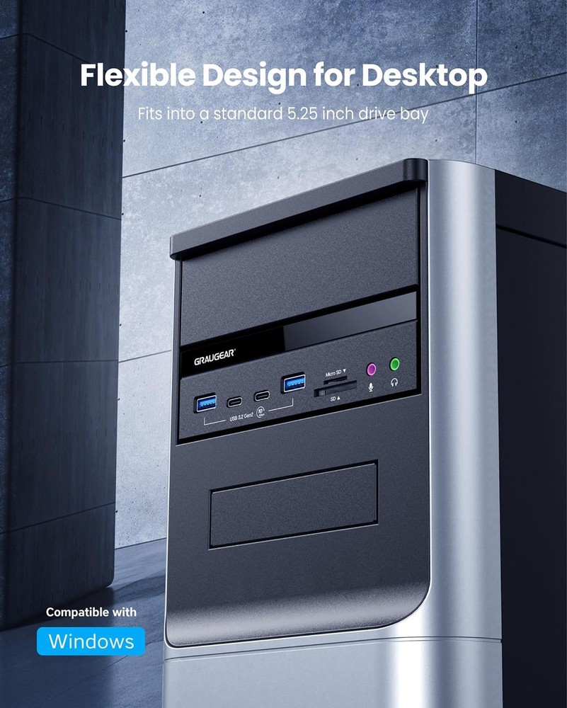 GRAUGEAR 5.25" PC Front Panel USB Hub - 10Gbps USB-C Ports, Dual USB 3.0, SD/...