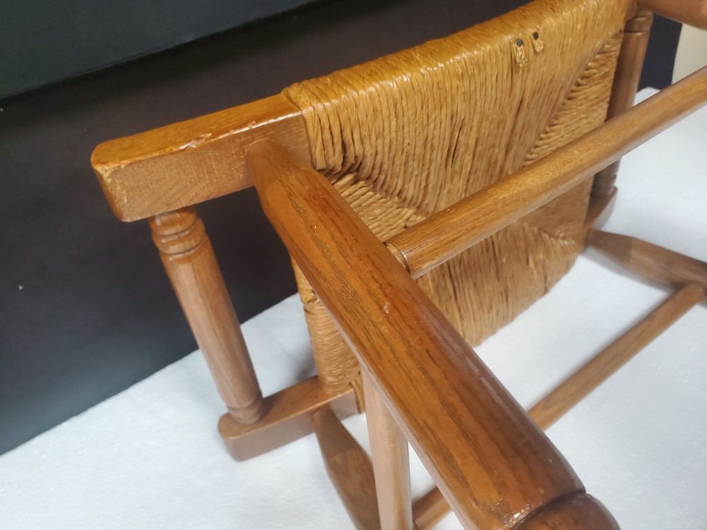 Mid Century Solid Wood Woven Rush Footstool