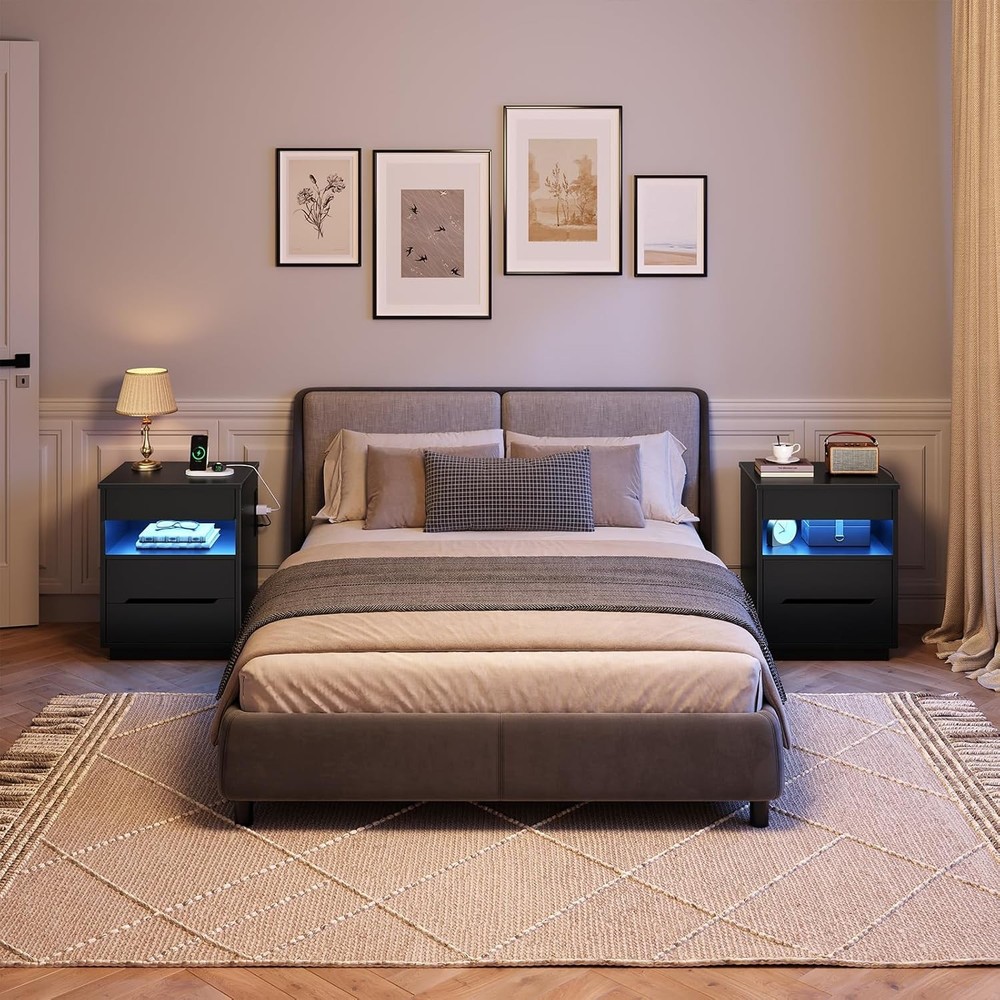 LED Nightstand with Charging Station Black