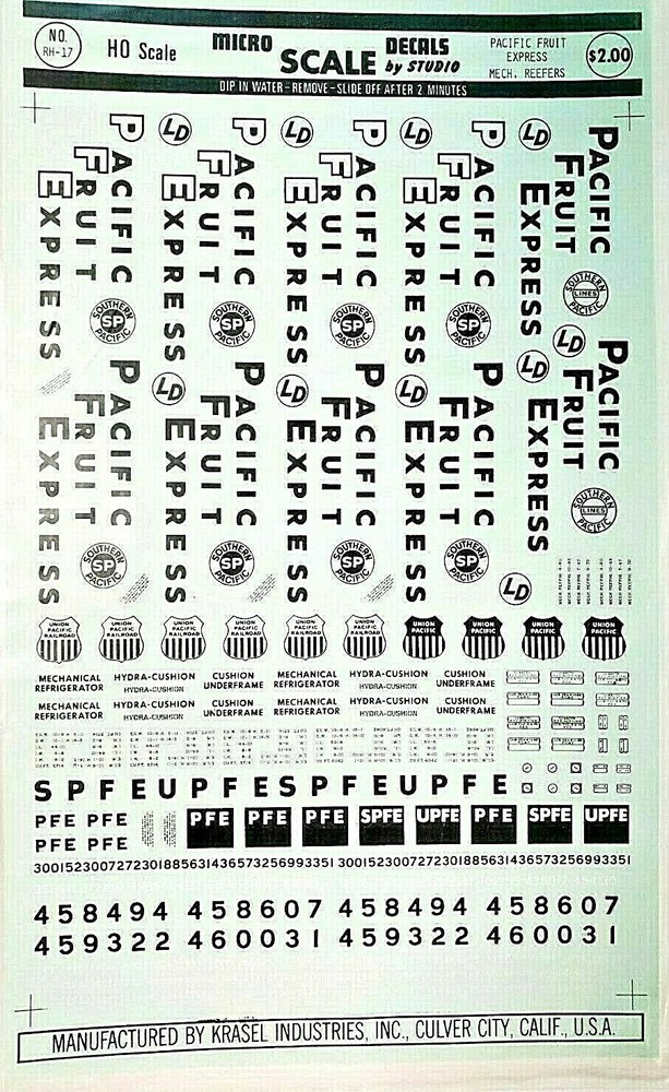 Microscale HO Decals #87-17 Pacific Fruit Express Mechanical Reefers (PFE)