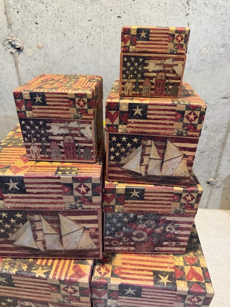 7 Bob’s Boxes Primitive Americana Colonial Nesting Stackable Decor Storage Box