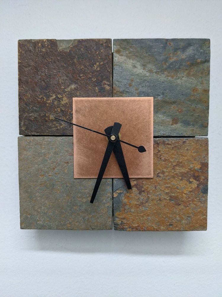 Solid Slate Rock Stone Copper Quartz Wall Clock 6"x6" EUC