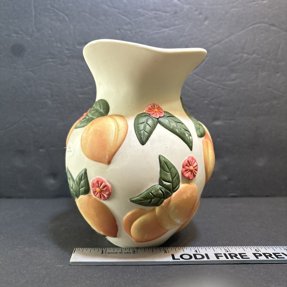 Claire Burke Peach Pottery Pitcher Hand Painted Embossed Raised Peach Pattern