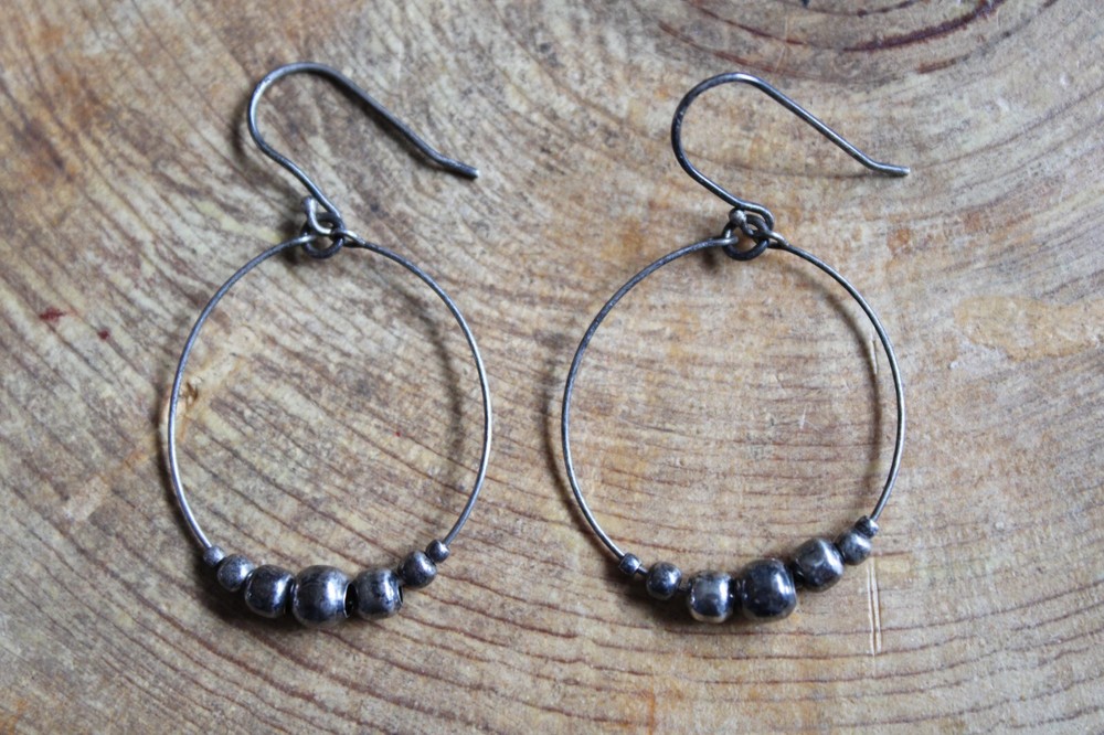 Sterling Silver Round Beads on Hoop Dangle Earrings