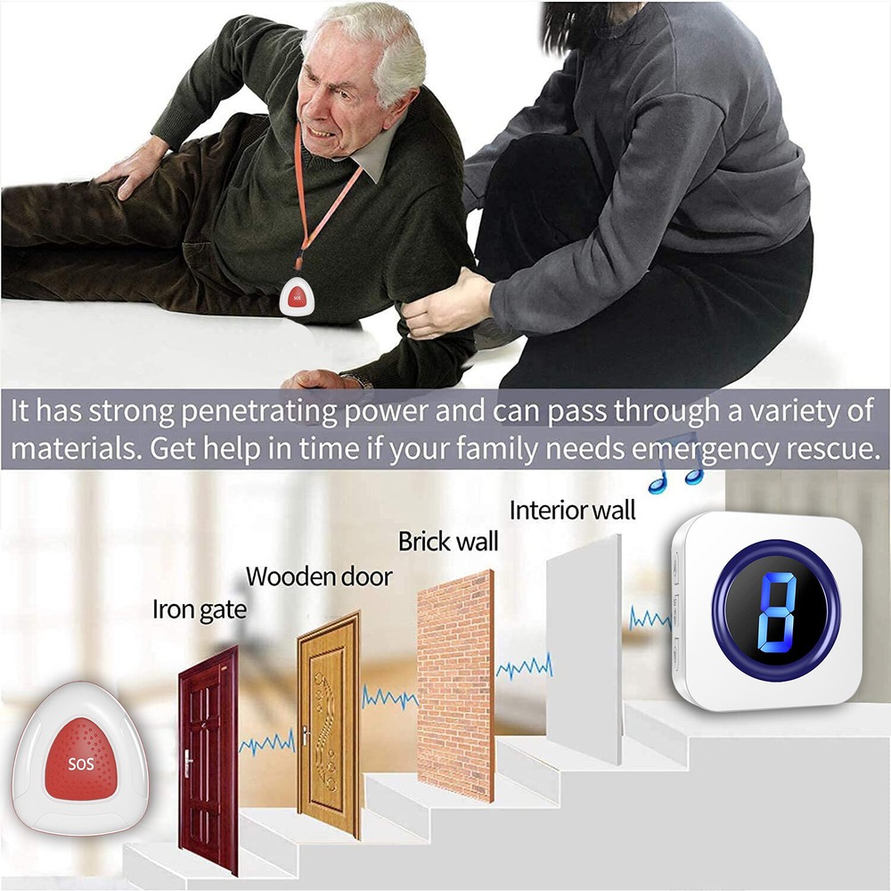 Caregiver Pager,1 transmitter calling 2 ringers,Wireless Call Button for Elderly