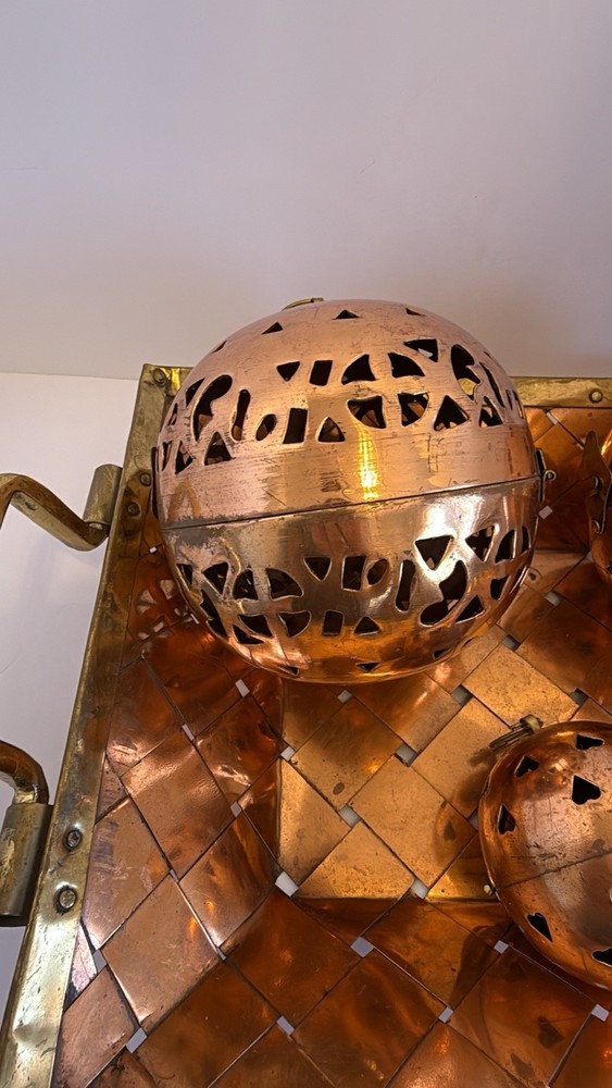 Woven Copper & Brass Tray With Three Hinged Decor Balls