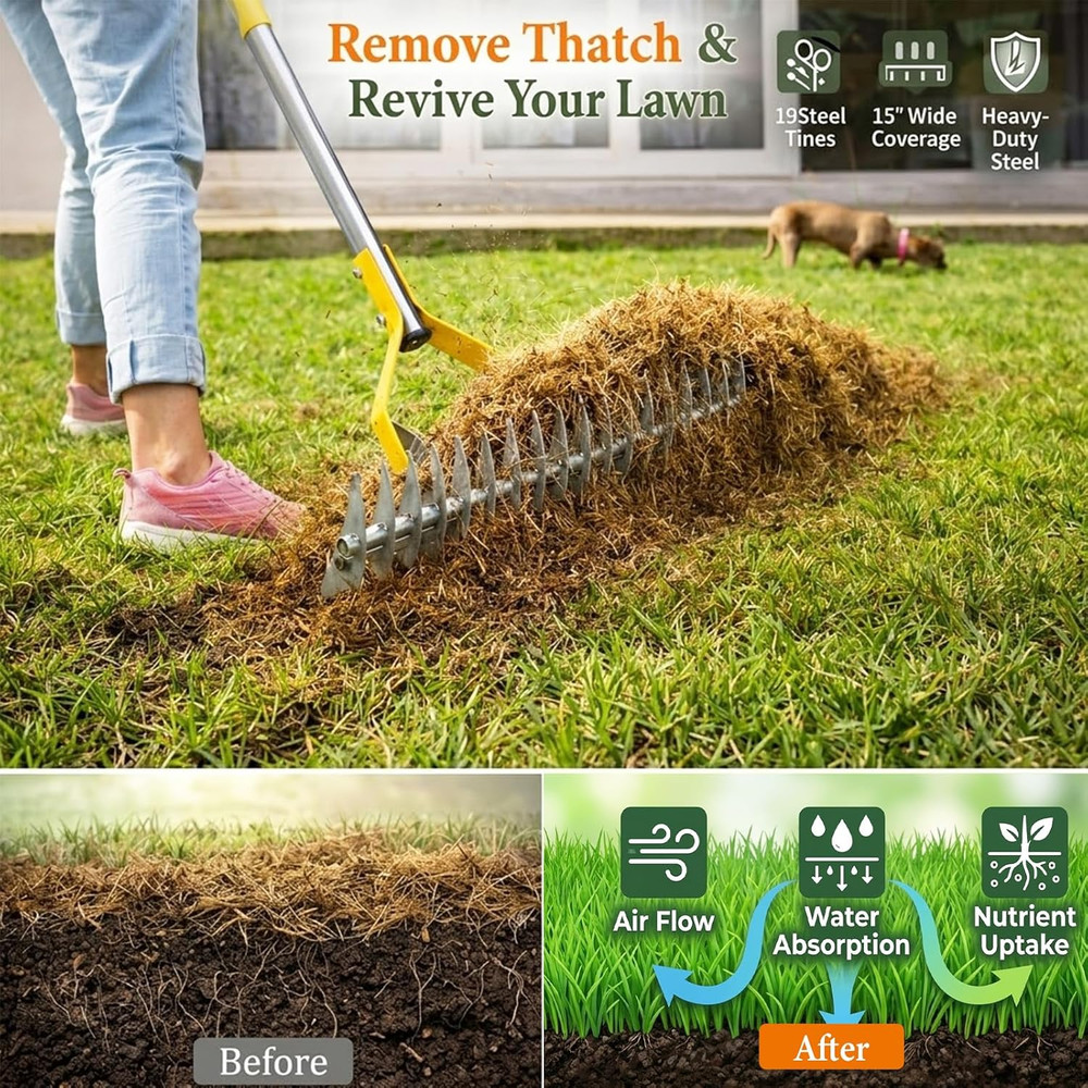 Manual Thatch Rake for Lawns - Effortless Dead Grass,Moss& Thatching Removal Too