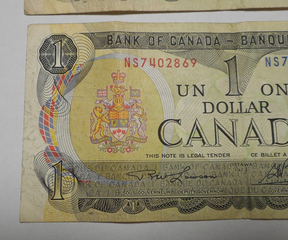 2 1973 One Dollar Notes Bills Canada Lot