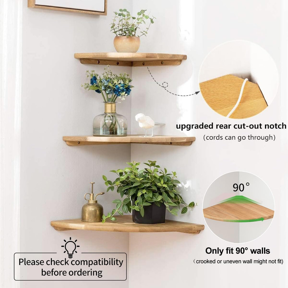 Corner Shelf, 7Inch Solid Oak Wood Floating Corner Shelf Wall Mount round End Fl