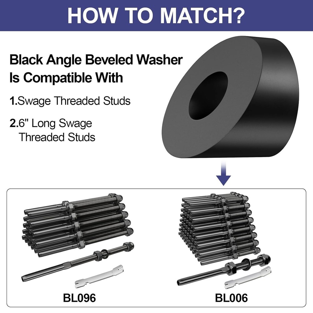 1/4" ID Black Angle Washers Cable Railing Post Stainless Steel 30 Degree 20 Pack
