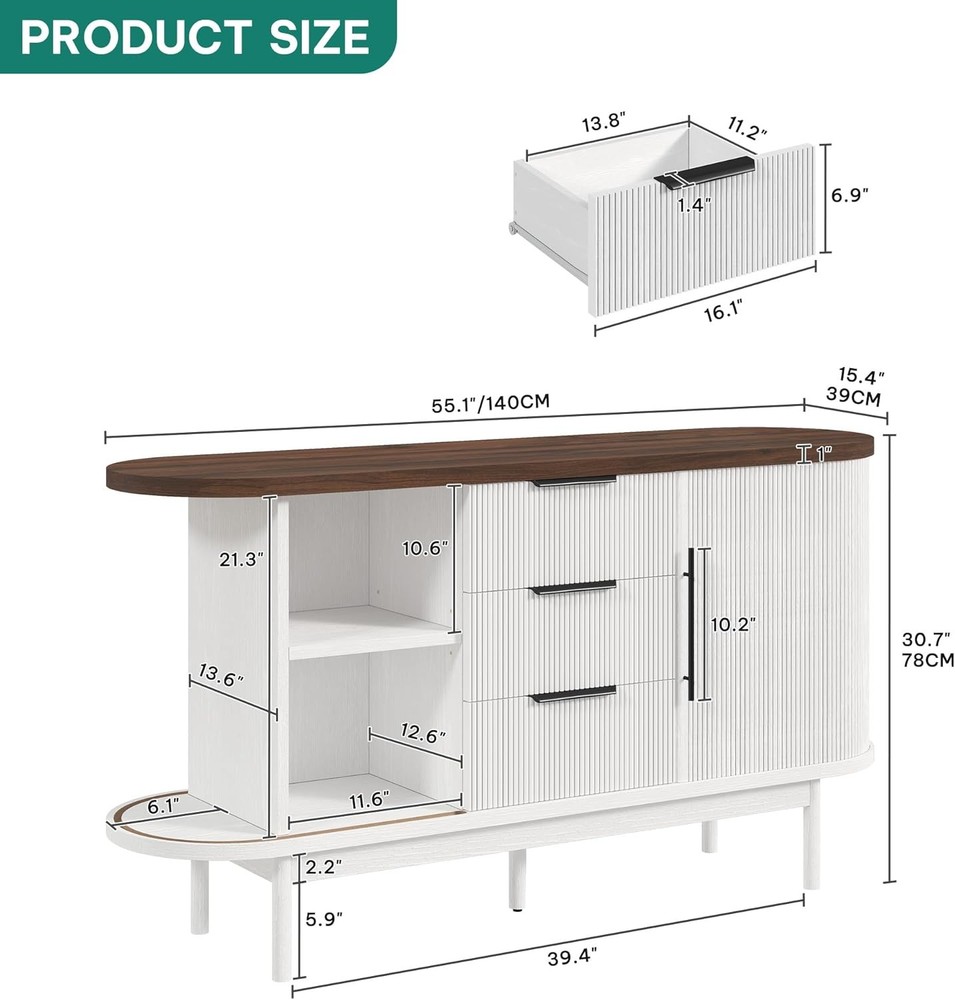 55'' Fluted Buffet Cabinet W/ 3 Large Drawers Fluted Sideboard Buffet Storage