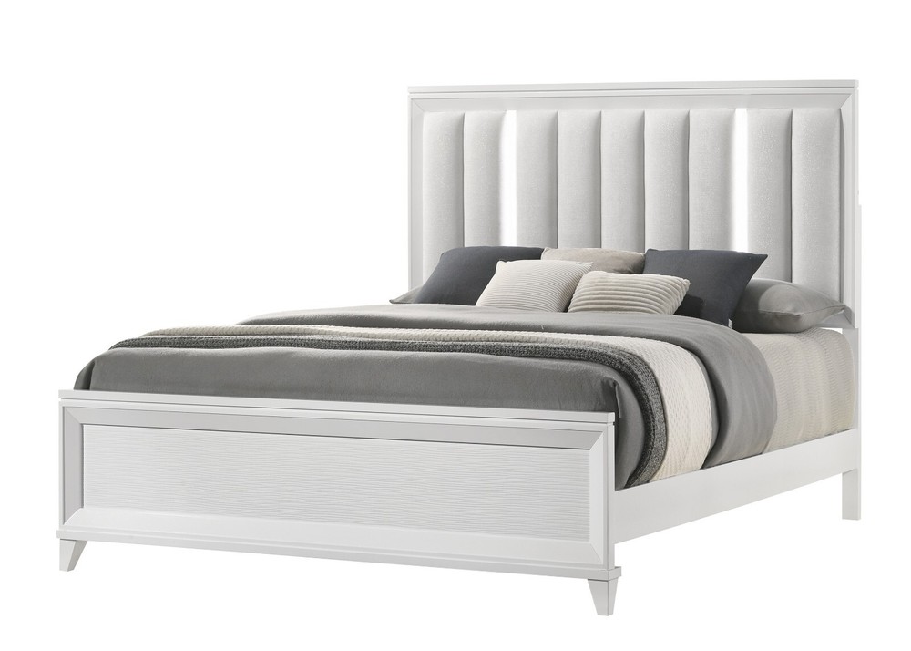 6Pc White Finish King Size Bedroom Set Built in Lighting HB Upholstered Bed