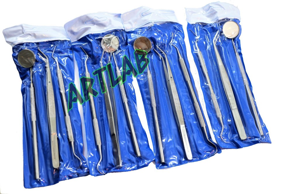 4 GERMAN BASIC DENTAL SETS- EXPLORER PROBE+DENTAL MIRROR+COLLEGE COTTON PLIER
