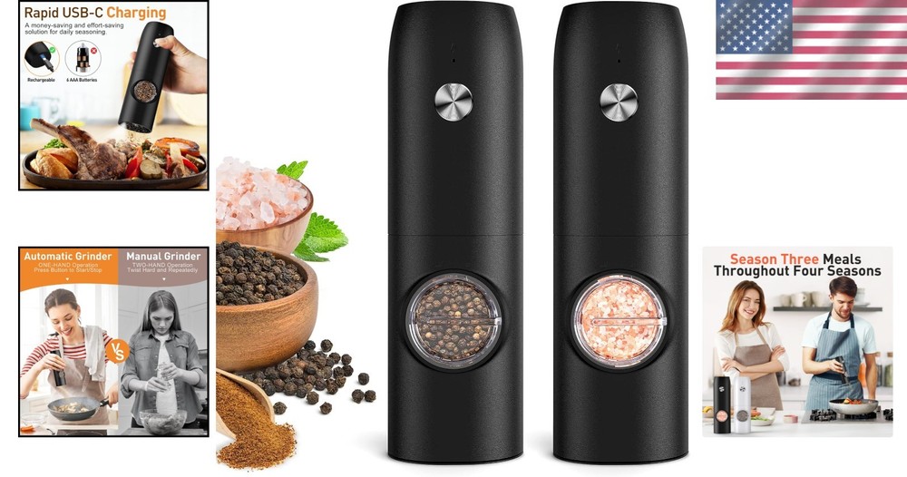 One-Hand Operation Electric Salt & Pepper Grinders with Fast Charging - 2 Pcs