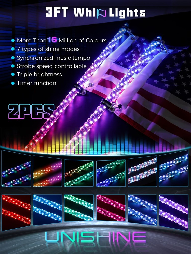 UNI-SHINE 2PCS 3FT LED Whip Lights with Spring 3FT/ (Pack of 2), Multicolor
