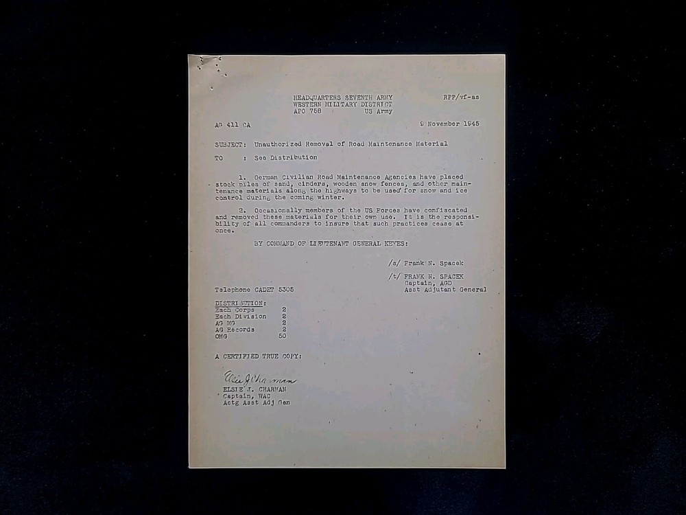 1945 Germany WWII US Army Military Document Unauthorized Removal Road Materials