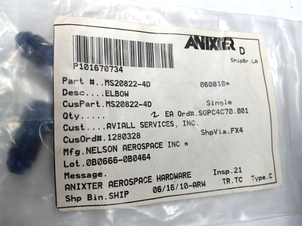 Military Standard P/N MS20822-4D ELBOW (2/Pack)