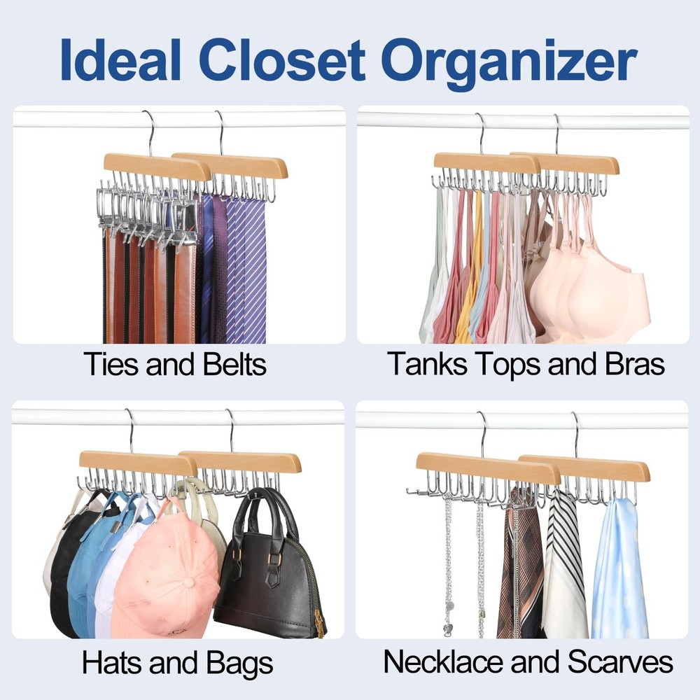 TOPIA HANGER 20 Hooks Belt Tie Hanger Space Saving for 1 Pack, Natural