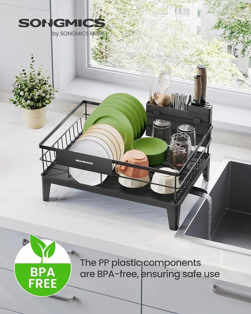 Dish Drying Rack, Kitchen Dish Rack with Drainboard, 360° Rotatable