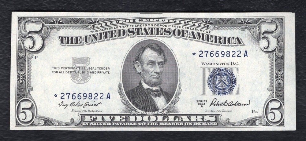 FR. 1656* 1953-A $5 FIVE DOLLARS *STAR* SILVER CERTIFICATE NOTE UNCIRCULATED