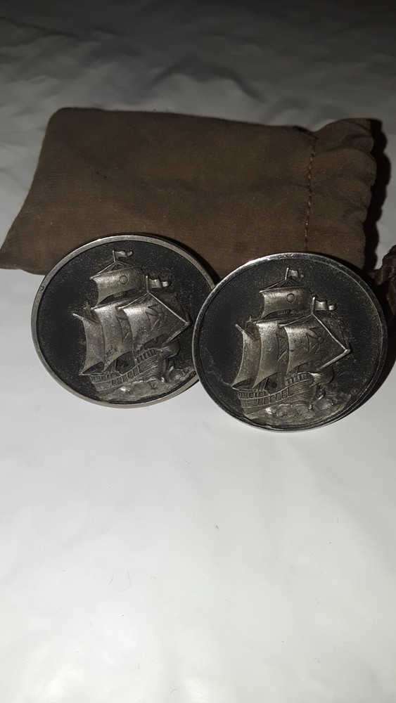 Vintage Tall Ship Cufflinks With Pouch
