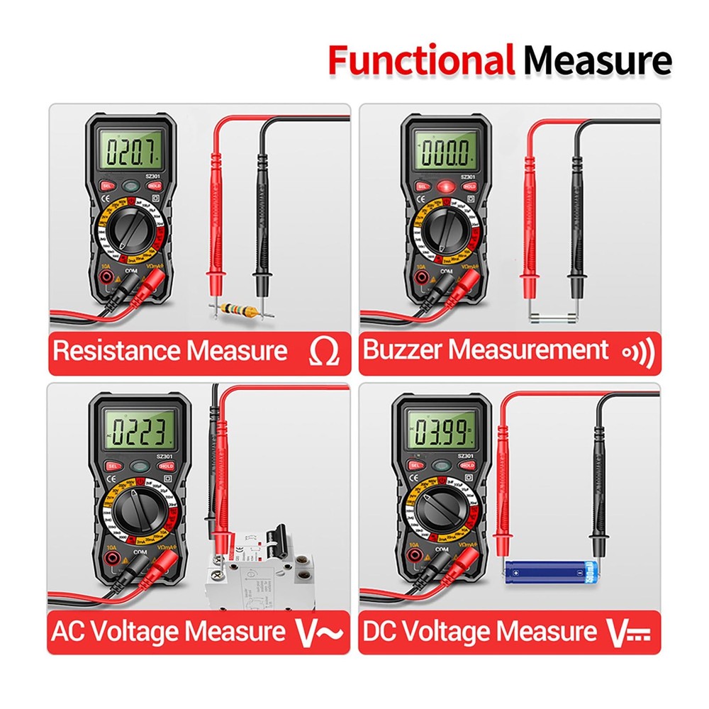 Digital Multimeter Auto-Ranging 600V 10A Measures AC DC Volt Amp Ohm Temp Diode