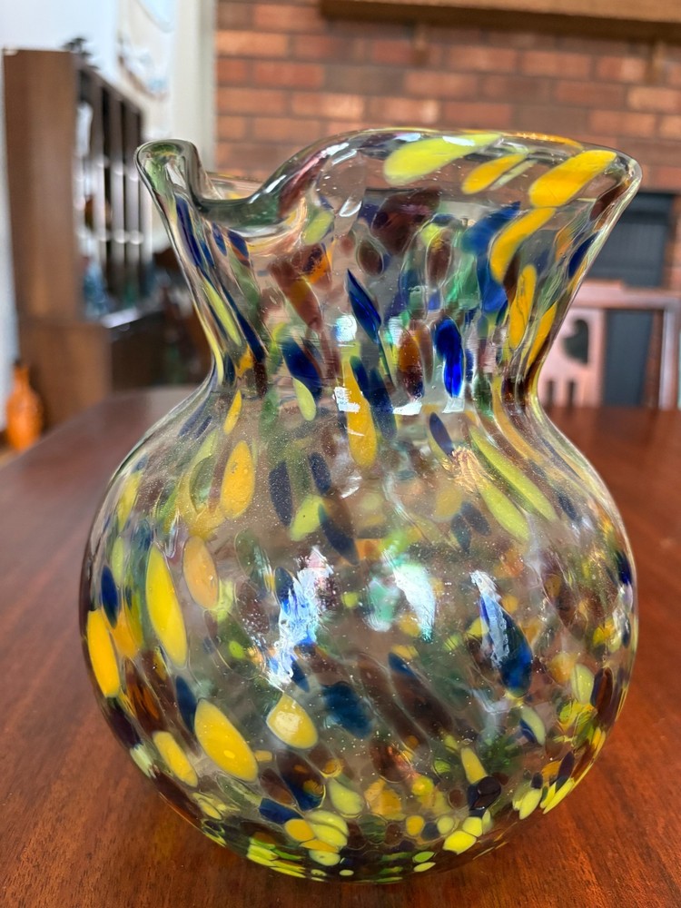Large Mexican Handblown Handcrafted Confetti Glass Pitcher Applied Handle