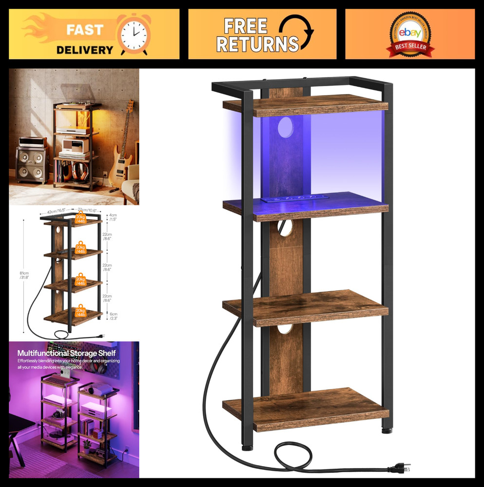 4-Tier Media Stand with Charging Station & LED Light, Rustic Wooden TV Console,