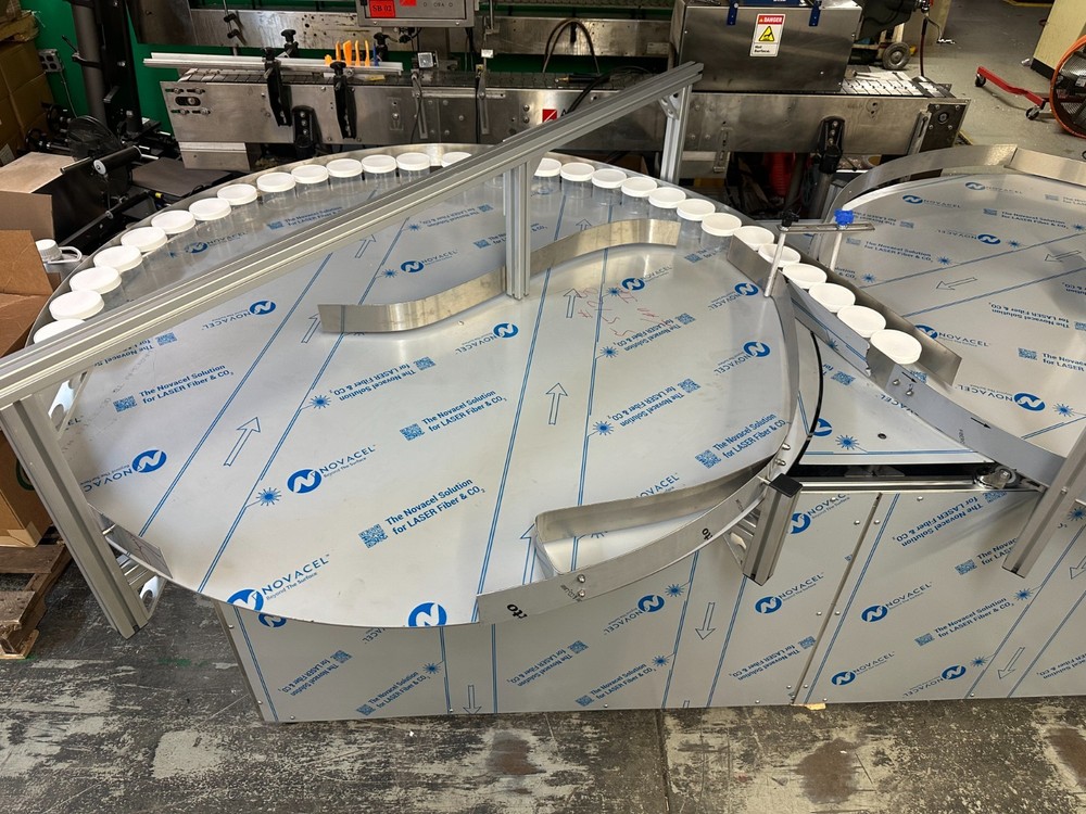 Dual 60" Stainless Rotary Accumulation Buffer Table Packaging Conveyor Labeling