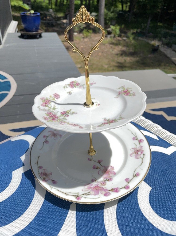 Cake Stand  Handcrafted  Pink Roses Gold Stem