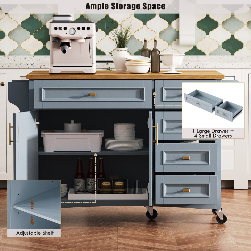 K&K 52'' Kitchen Island with Drop Leaf, Embossed Texture Kitchen Island on Whe