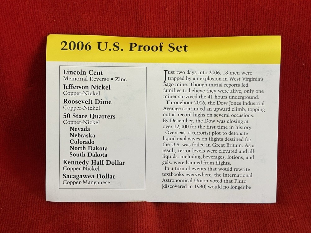 2006 US Proof Set Divider Card Yellow Border