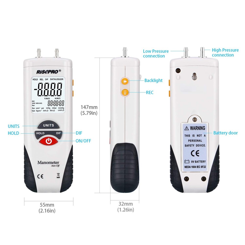 Digital Air Pressure Meter Differential Manometer for Accurate Readings