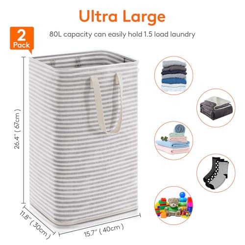 Lifewit 2 Pack Laundry Hamper Large Collapsible Laundry Baskets, 2 x 80L Grey