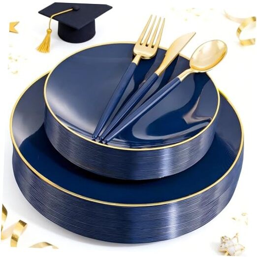 150PCS Plastic Plates - Gold Plastic Silverware with Handle - Round Style Blue