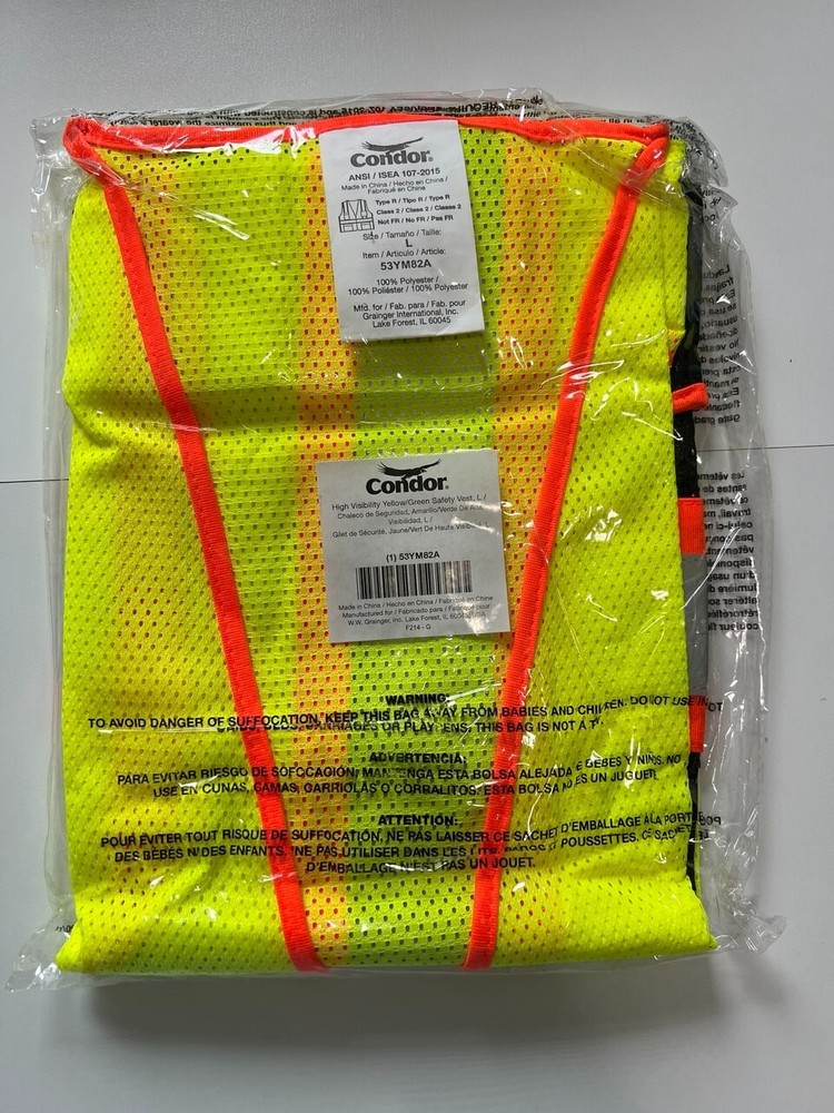 CONDOR 53YM82A High-Visibility Vest: ANSI Class Size L Lime, Mesh Polyester,