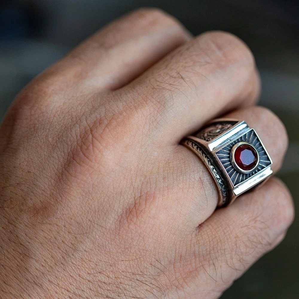 925 Men's Red Ruby Gemstone Handmade Engraved Sterling Silver Ring