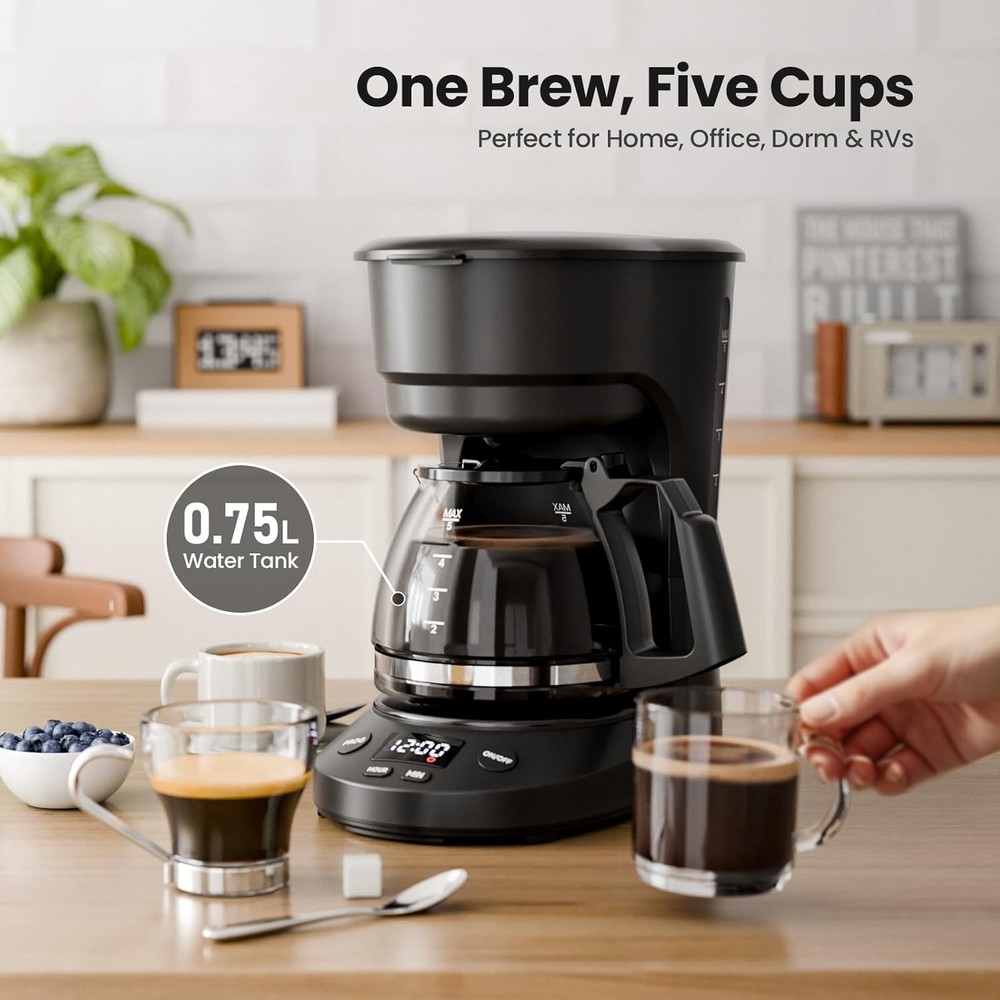5-Cup Drip Coffee Machine with LED Display, Small Coffee Maker with Anti-Drip...