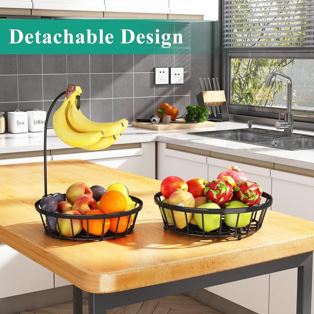 2-Tier Fruit Basket Bowl Stackable Vegetable Storage with Banana Tree Hanger Sta