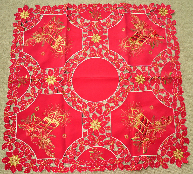 Gorgerous Red Embroidered Polyester Square Tablecloth Xmas 33" Cutwork Candles